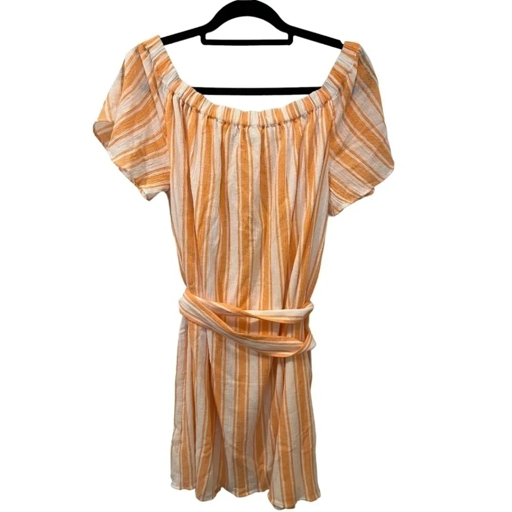 MICHAEL MICHAEL KORS White and Orange Stripe Lined Tie Belt Short Sleeve Dress L